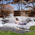 Serene Courtyard Garden With Natural Hot Spring Rocks Lush Trees Greenery And Relaxing Bathing Area