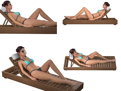 A Woman Relaxing On Wooden Lounge Chair Wearing Bikini And Sunglasses 3d model