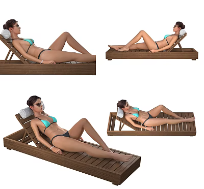 A Woman Relaxing On Wooden Lounge Chair Wearing Bikini And Sunglasses 3d model