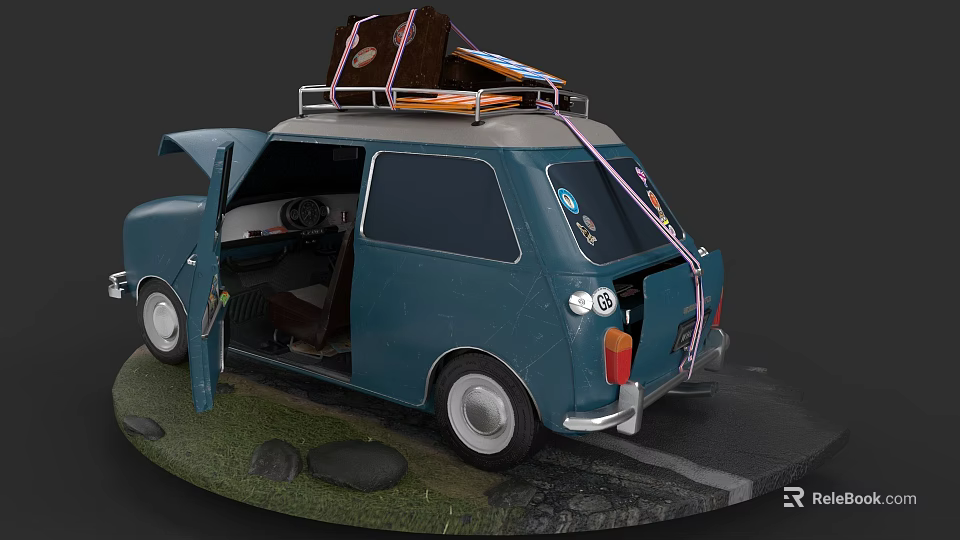 Vintage Blue Car With Open Doors Roof Rack Loaded Luggage On Grass With Stones 3d model 