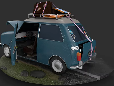 Vintage Blue Car With Open Doors Roof Rack Loaded Luggage On Grass With Stones 3d model