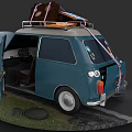 Vintage Blue Car With Open Doors Roof Rack Loaded Luggage On Grass With Stones