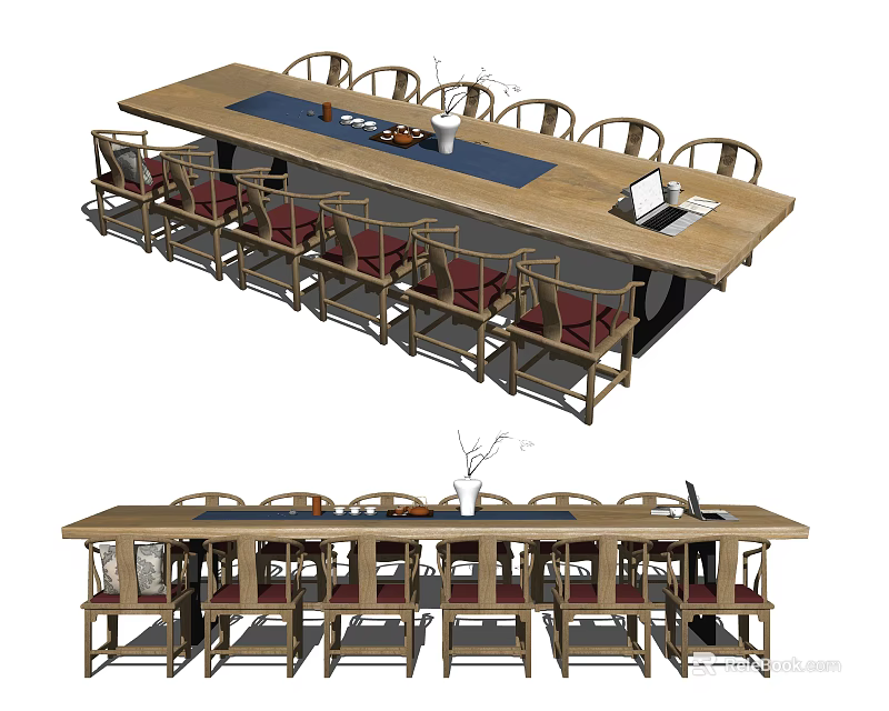 Modern Wooden Conference Table With Multiple Red Upholstered Chairs And Vase 3d model 