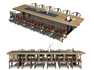 Modern Wooden Conference Table With Multiple Red Upholstered Chairs And Vase 3d model