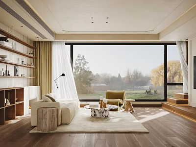 Modern Dining and Living Room Interior With Sofa Coffee Table Wooden Floor And Scenic Window 3d model
