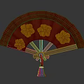 Decorative Red Fan with Yellow Flower Patterns Golden Ribs and Red Tassel