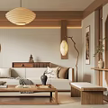 Modern Wooden Living Room Interior Design With Sofa Coffee Table Pendant Light And Decorative Art