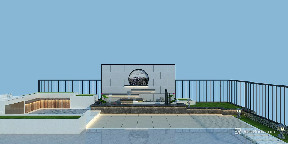 Modern Garden Landscape With Stone Wall Circular Decor Steps And Greenery 3d model
