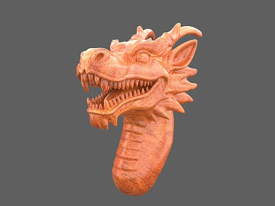 Wooden Dragon Head Sculpture With Detailed Horns Scales And Open Mouth 3d model