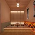 Shower Sauna Interior With Wooden Ceiling Lighting Brick Wall And Floor Seating