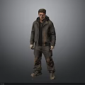 Man Wearing Brown Leather Jacket Black Hoodie And Dirty Work Pants Standing Against Gray Background