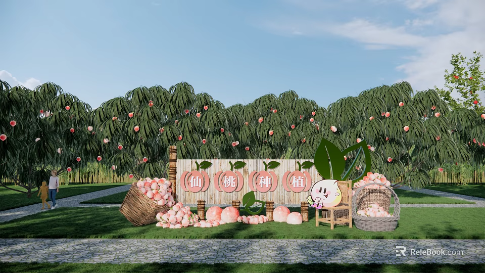 Xiantao Station Outdoor Scene With Peach Trees Wooden Sign Baskets And Cartoon Figure 3d model 