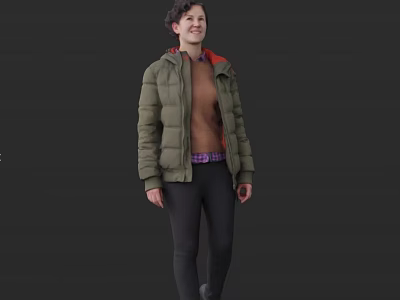 A Woman In Green Hooded Puffer Jacket With Orange Lining Brown Sweater And Black Pants 3d model