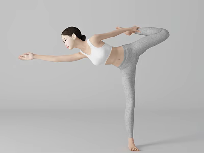 Woman Practicing Yoga Standing On One Leg Stretching Arms In White Top And Gray Leggings 3d model