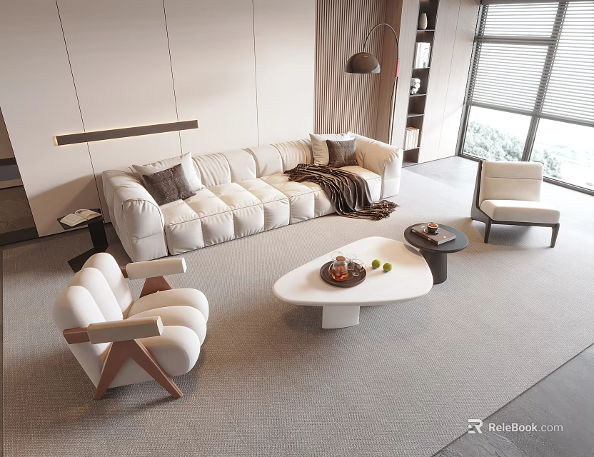 Elegant Modern Living Room Sofa Coffee Table Set With White Armchairs Throw Blanket And Decor 3d model 
