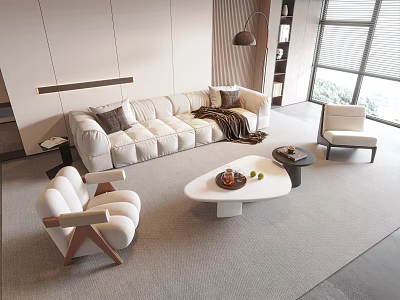 Elegant Modern Living Room Sofa Coffee Table Set With White Armchairs Throw Blanket And Decor 3d model