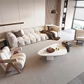 Elegant Modern Living Room Sofa Coffee Table Set With White Armchairs Throw Blanket And Decor