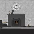 Classic Fireplace With Paneled Gray Walls Burning Fire Decorative Clock And Leather Chair
