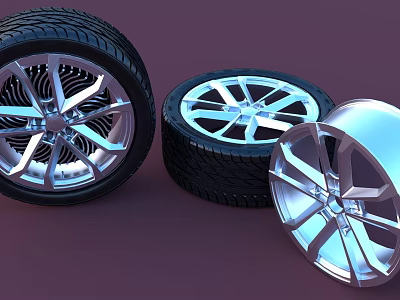 Stylish Car Tires With Silver Wheel Rims And Black Tread Design For Vehicles 3d model
