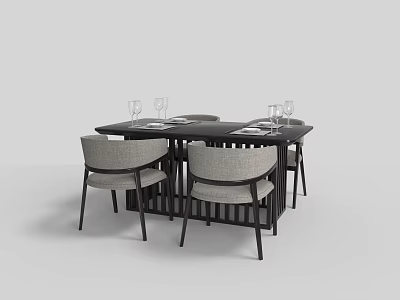 Modern Dining Table Set With Gray Upholstered Chairs And Glassware Tableware 3d model