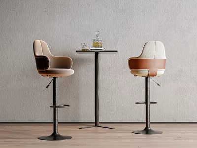 Two Modern Bar Stools with Upholstered Seats Round Table Gray Wall and Wooden Floor 3d model