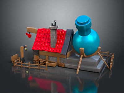 Colorful Cartoon Scene With Small House Red Roof Chimney Blue Bottle And Wooden Fence 3d model