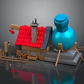 Colorful Cartoon Scene With Small House Red Roof Chimney Blue Bottle And Wooden Fence