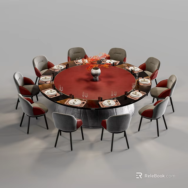 Modern Round Dining Table And Chairs Set With Red Tabletop Tableware Wine Glasses And Vase 3d model