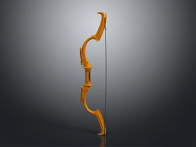 Traditional Wooden Bow With Yellow Carved Design And Black String On Gray Background 3d model