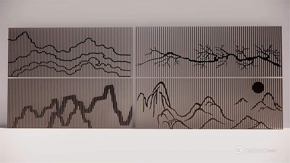 Modern Decorative Wall Design with Abstract Mountain Lines and Branch Patterns 3d model 
