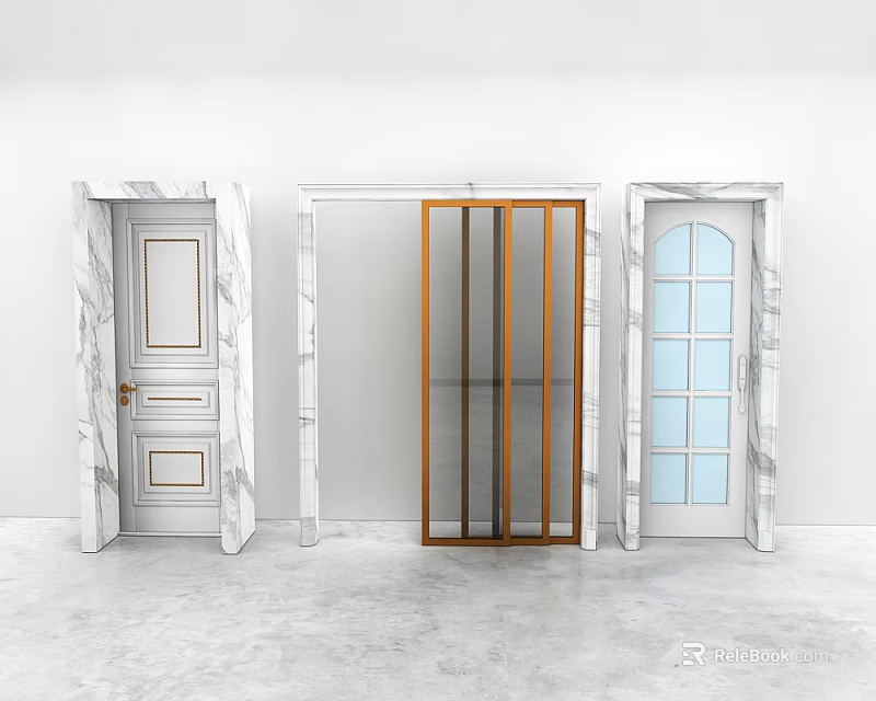 Modern Double Doors With Marble Frames Glass Panels And Various Arched Designs 3d model 