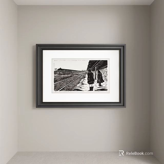 Abstract Painting With Black And White Railway Tracks And Figures In Framed Wall Art 3d model 