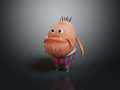 Cartoon Creature Character With Round Body Big Eyes Sharp Teeth Striped Pants And Blue Shoes 3d model
