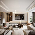 Elegant Modern Living Dining Room Interior With Sofa Coffee Table Dining Set And Pendant Lights