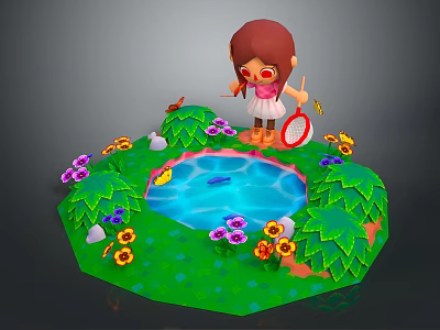 Natural Scene With Green Grass Small Pond Colorful Flowers Butterflies Flying Little Girl Holding Net 3d model