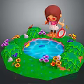 Natural Scene With Green Grass Small Pond Colorful Flowers Butterflies Flying Little Girl Holding Net