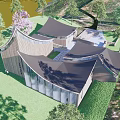 Modern Curved Architectural Building With Wooden Glass Structure Green Lawn Trees And Hillside Background
