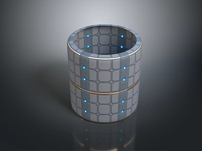 Cylindrical Gray Square Tiled Household Item With Gold Trim And Blue Lights 3d model