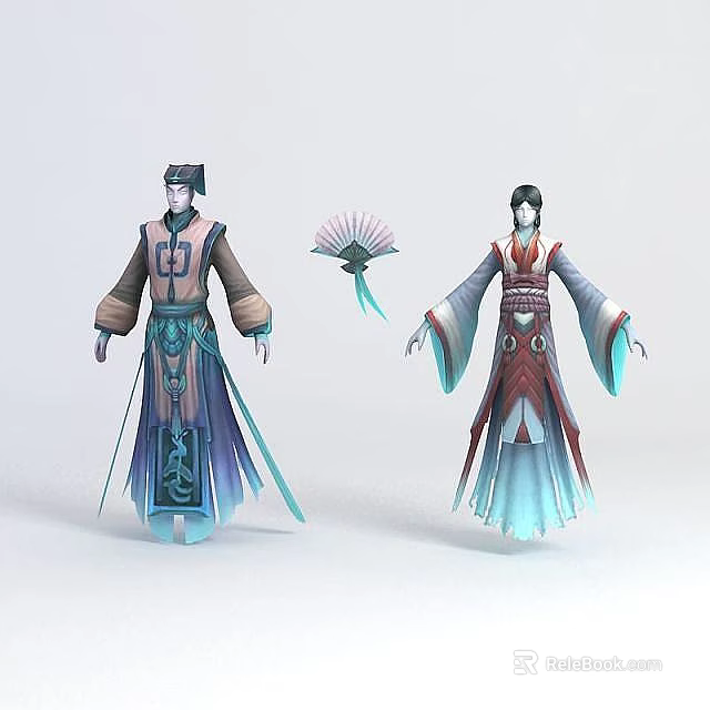 Tech Exhibition Hall Showcasing Ancient Costume 3D Models With Traditional Elements And Fan 3d model