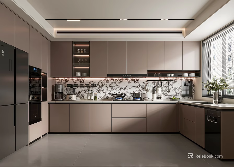 Modern Kitchen Interior Design With Marble Backsplash Cabinets Appliances And Window Plant 3d model 