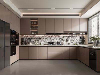 Modern Kitchen Interior Design With Marble Backsplash Cabinets Appliances And Window Plant 3d model