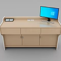 Light Colored Modern Functional Desk With Monitor And Logo On Top Surface