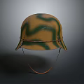 Military Weapon Helmet With Camouflage Pattern Yellow Brown Green And Chin Strap