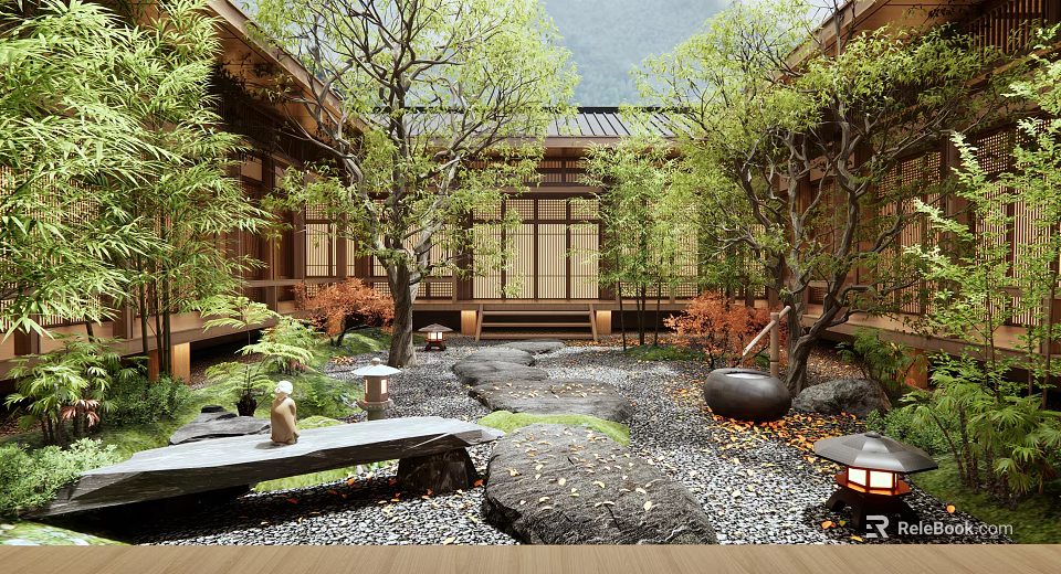 Traditional Japanese Courtyard Garden Featuring Wooden Structures Stone Pathway Mossy Rocks And Stone Lanterns 3d model 