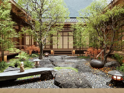 Traditional Japanese Courtyard Garden Featuring Wooden Structures Stone Pathway Mossy Rocks And Stone Lanterns 3d model