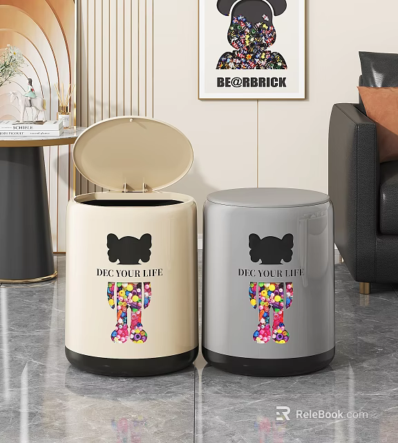 Beige And Gray Trash Bins With Bear Design Colorful Bone And BE YOUR LIFE Lettering 3d model 