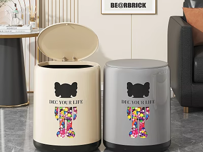 Beige And Gray Trash Bins With Bear Design Colorful Bone And BE YOUR LIFE Lettering 3d model