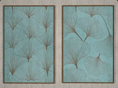 Two Turquoise Ginkgo Leaf Wall Art Prints With Brown Outline And Decorative Design For Home 3d model