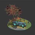 Scenic Diorama With Circular Green Ground Purple Car Tall Tree And Small Plants