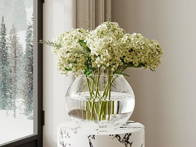 Glass Vase With White Flowers On Decorative Table By Window With Snowy Pine View 3d model
